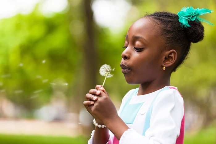 Aligned right image of little girl blowing a dandelion to the wind